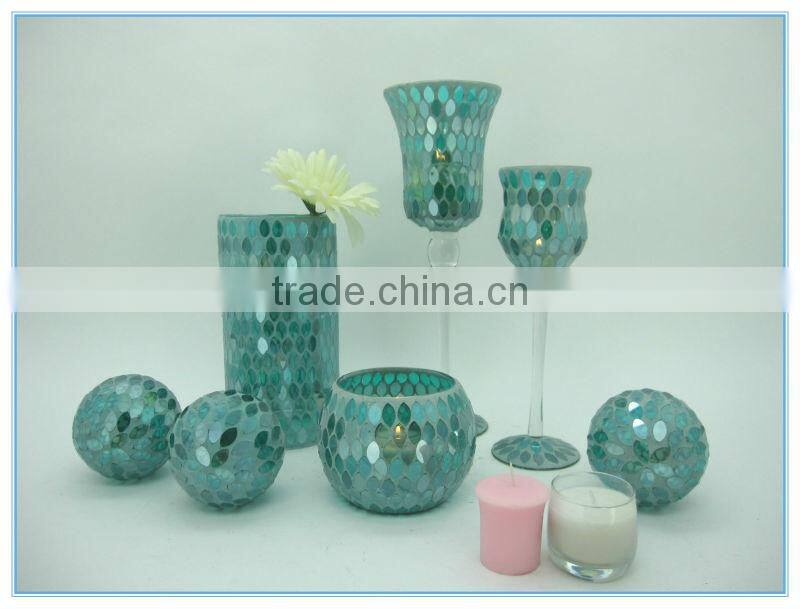 Wedding Celebration Teal Funky Mosaic Tall Murano Hand Made Mouth Blown Glass Vase