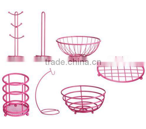 Hot pink powder coating stylish iron metal fruit basket hanger holders racks for kitchen organizer storage