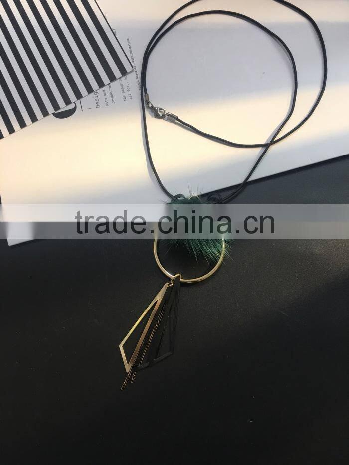 mink fur ball hoop triangle pendant necklace hot selling geometric necklace