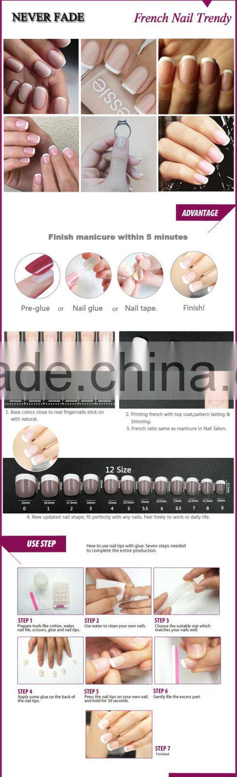 Colorful press stick on Artificial french nails with glue