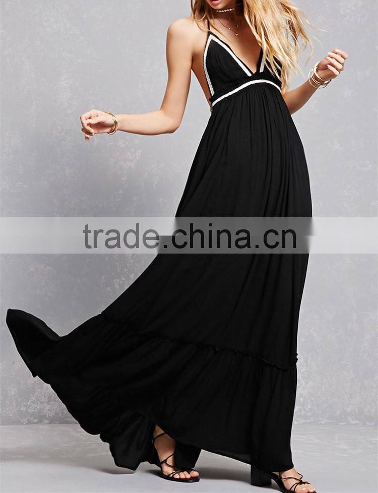 Factory Price adjustable tasseled self-tie halter neckline front V-cut open back flowy Crepe Woven Halter Maxi Dress