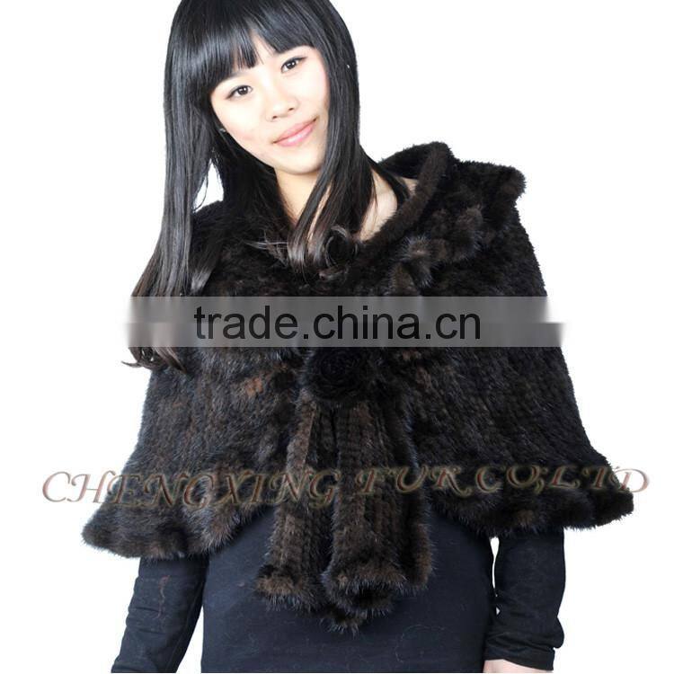 CX-B-M-60D Fashion Wholesale Knitted Mink Fur With Rosette Lady Fur Shawl