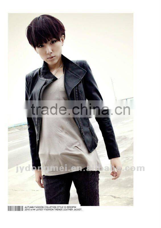 Inclined zipper PU casual jacket black and yellow