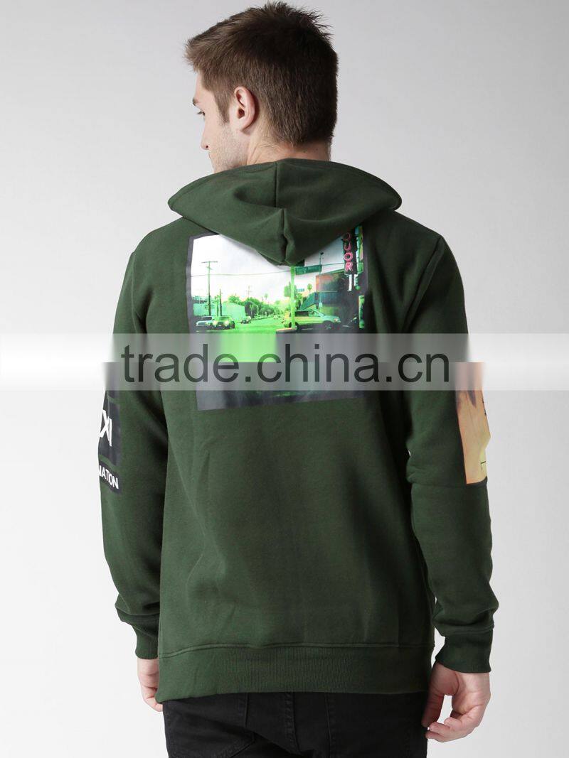 Men Green Printed Back Hooded Sweatshirt Long Sleeves Straight Hem Kangaroo Pocket Hoodies 60% Cotton 40% Polyester Custom Patte
