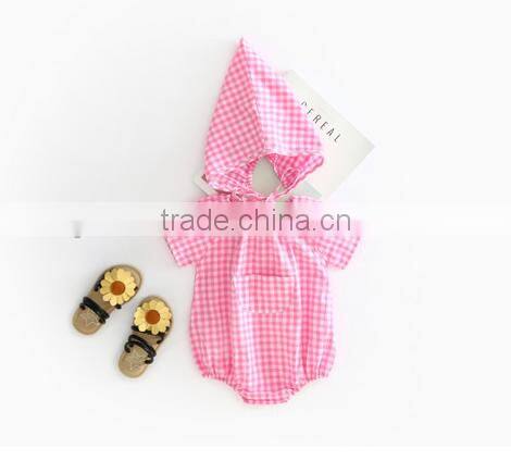 Seersucker Romper And Bonnet Summer Newborn Baby Clothing Set Gingham Clothes