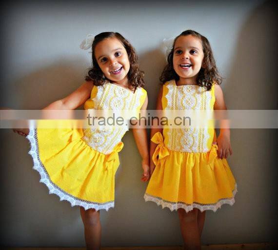 2016 Girls Boutique Dress Children Yellow Lace Dress Baby Pretty Princess