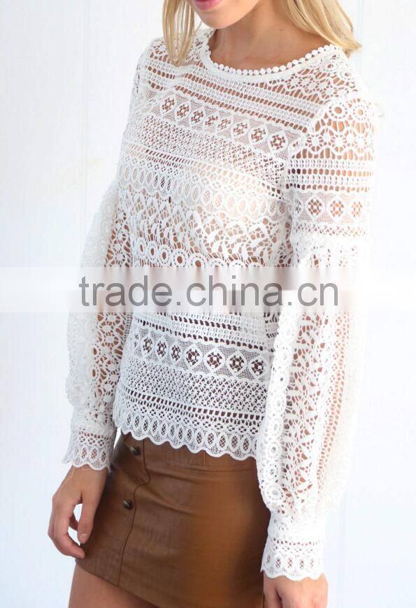 Runwaylover 118 Ladies 2017 Fashion Puff Sleeve Lace Transparent Blouse