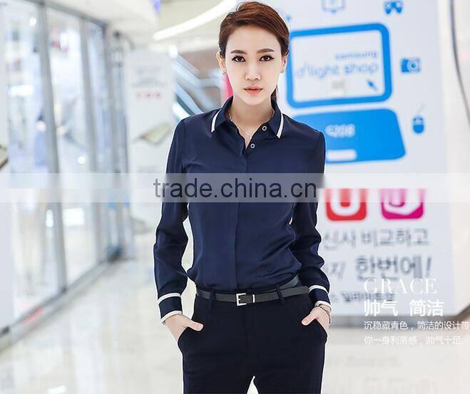 custom high quality woman clothes fashionable navy blue elegant ladies blouse wholesale