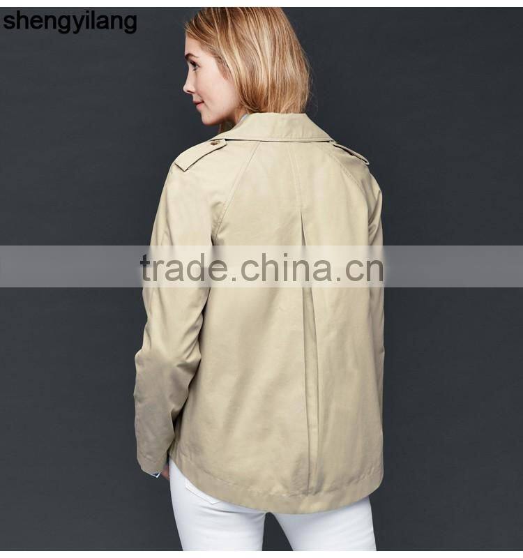 Crisp 100% cotton classic double-breasted short coat custom high quality fashion women windbreaker guangzhou manufacturer
