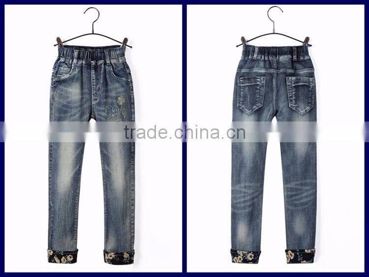 New products good quality elastic waist roll up hem 3D rose printing blue wholesale jeans pants for kids