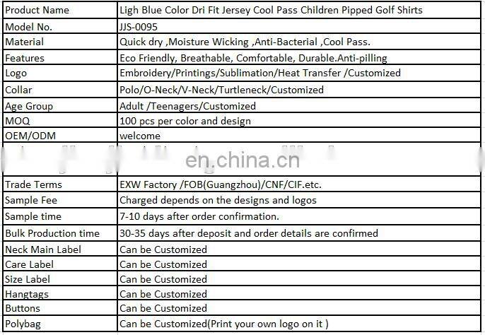 Ligh Blue Color Dri Fit Jersey Cool Pass Children Pipped Golf Shirts