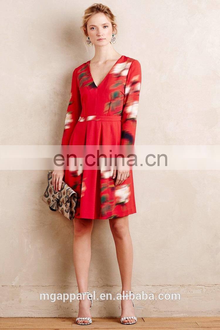 china supplier fashion women long sleeves fitted sexy v neck red fit and flare floral print dress