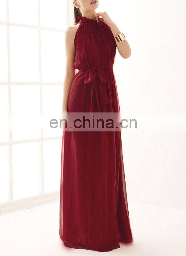 CHEFON High neck chiffon red evening dresses long
