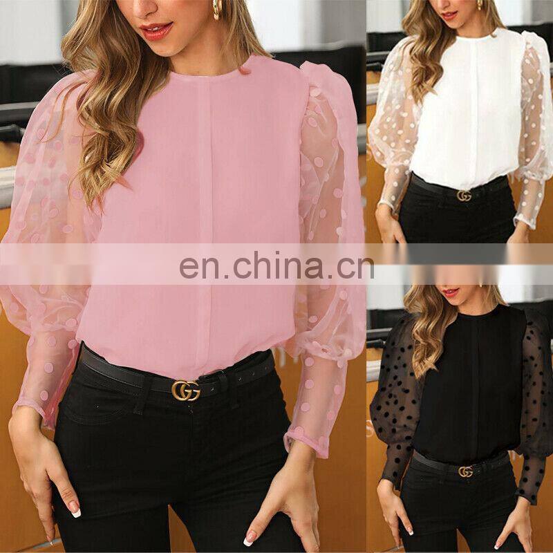 Wholesale top fashion clothes elegant lace wave point fashion lantern sleeve round neck blouses