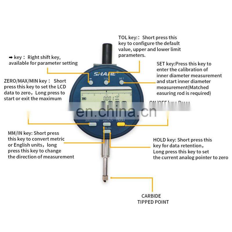 SHAHE NEW Metric/Inch 0-12.7 mm 0.001mm Electronic Indicator with Rechargeable Battery Waterproof Digital Dial Indicator