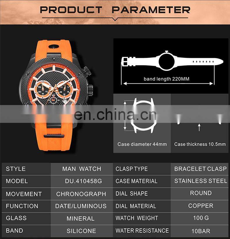 High quality rose gold case blue dial and silicone band dress steel chronograph sports watch men custom logo