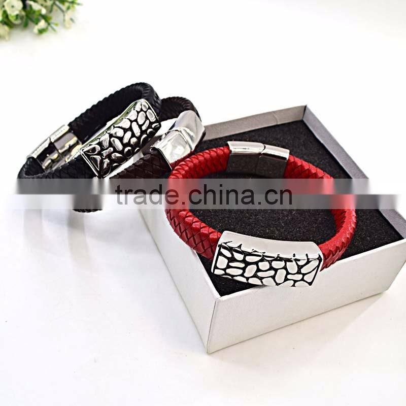 Customized logo clasps for leather bracelets bio magnetic bracelet genuine mens handmade braided leather bracelet
