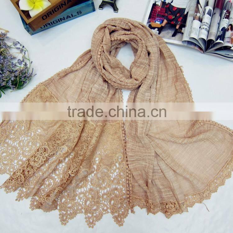 Good Quality Fashion Vintage Flower Embroidery Lace Scarf Cotton Linen Shawl