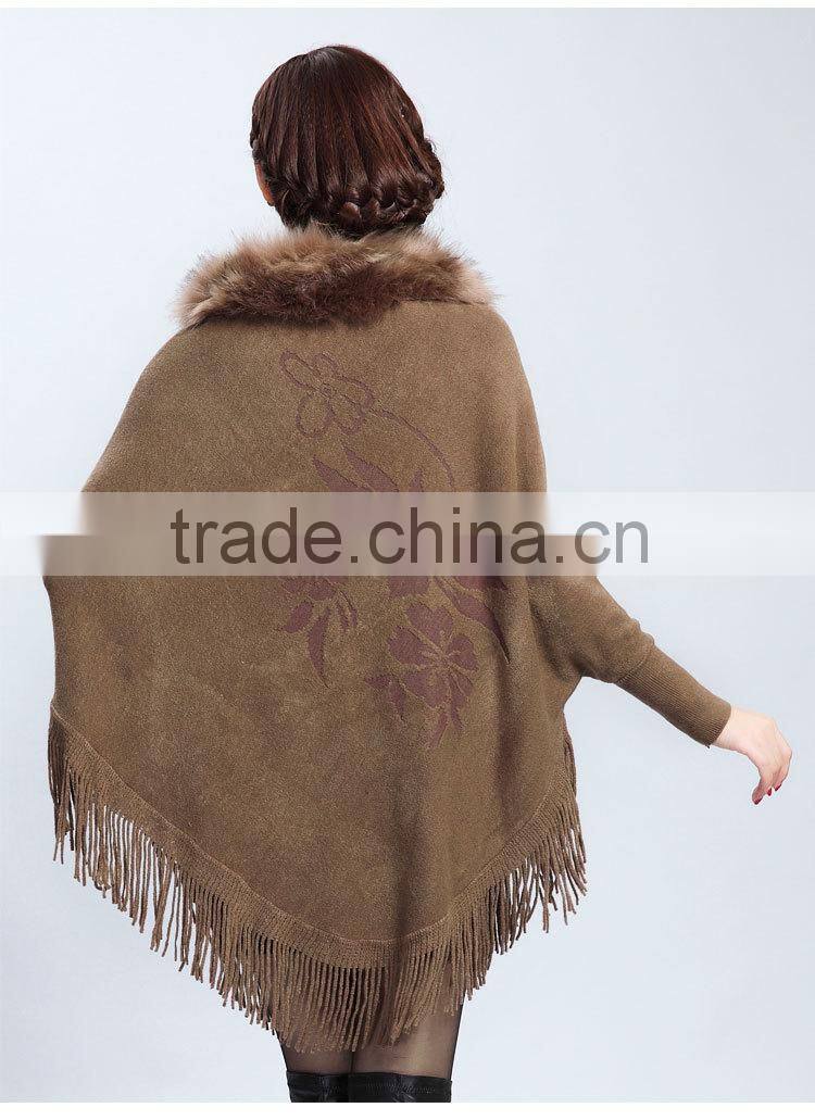2015 Europe and United States new upmarket collars printing long tassels knitting cape coat female