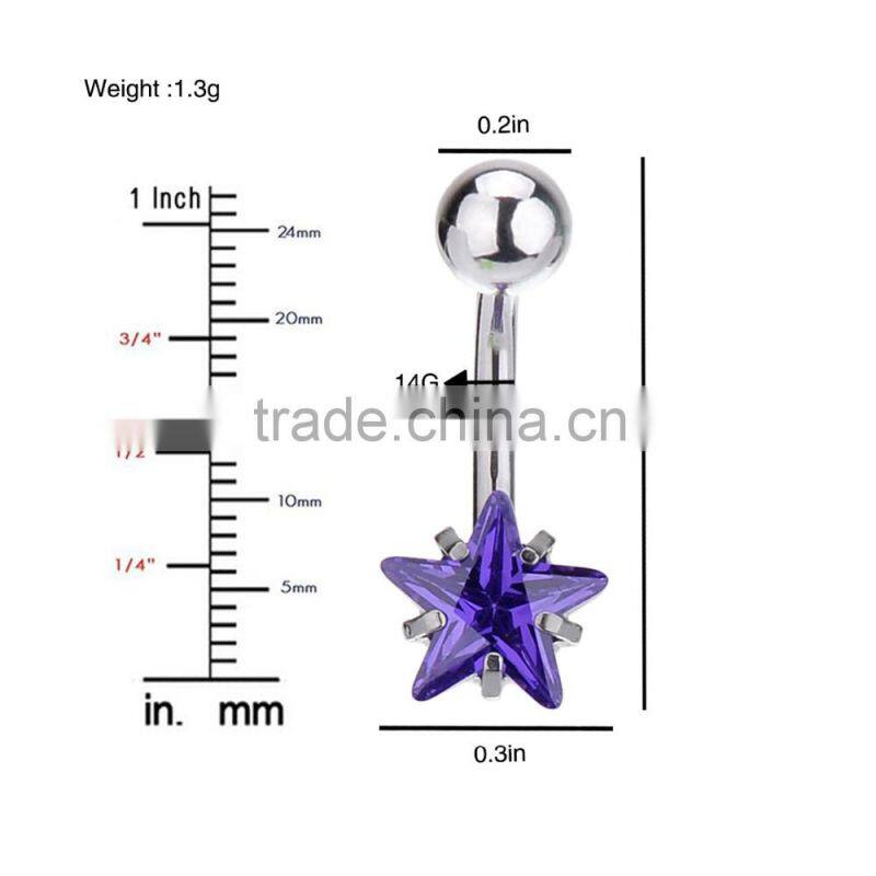 Multi Color Five-Pointed Star Shape Zircon Inlay Non-dangle Belly Button Naval Ring.