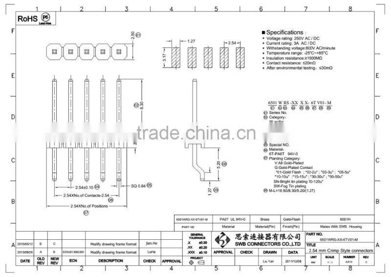 2.54MM pitch electrical Wire to Board Connectors DUPON PARTS replacement