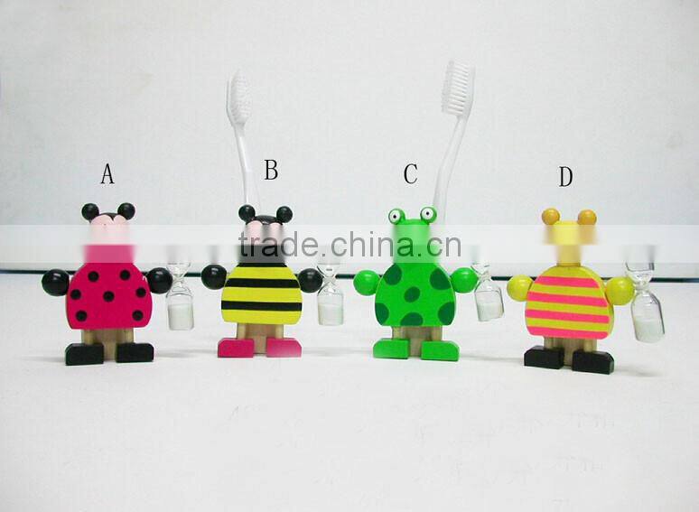 wooden cartoon kids mini toothbrush holder with 2 minutes hourglass