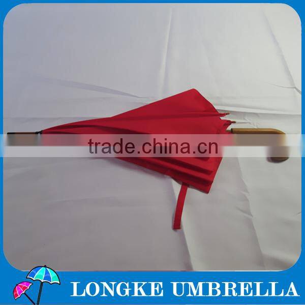 23" plain red color wooden shaft wooden handle umbrella ,pongee fabric