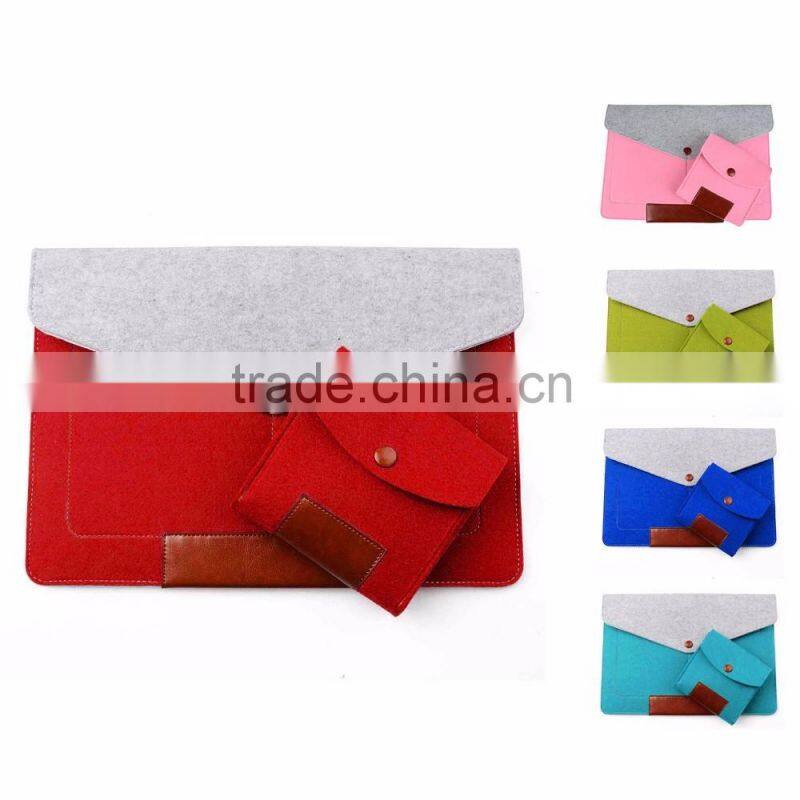 2016 new hot selling wool felt+ PU laptop sleeve bags with mouse bag for apple Macbook air pro , pro retina 11" 13.3" 15.4"