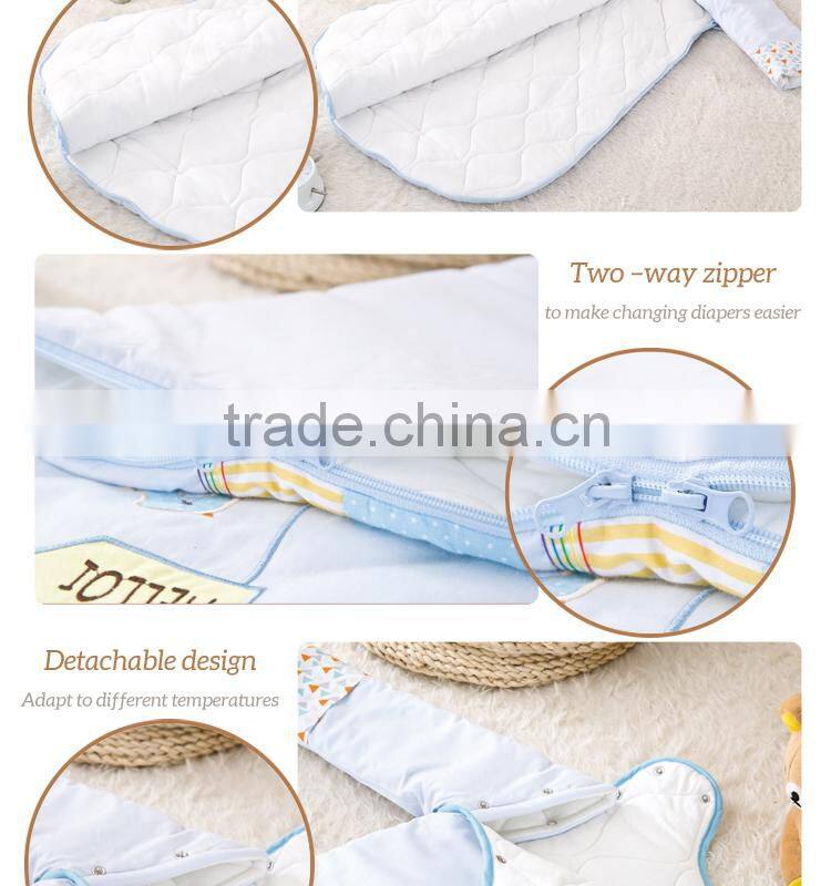 100% cotton baby child sleeping bag with detachable sleeve for four seasons blue owl