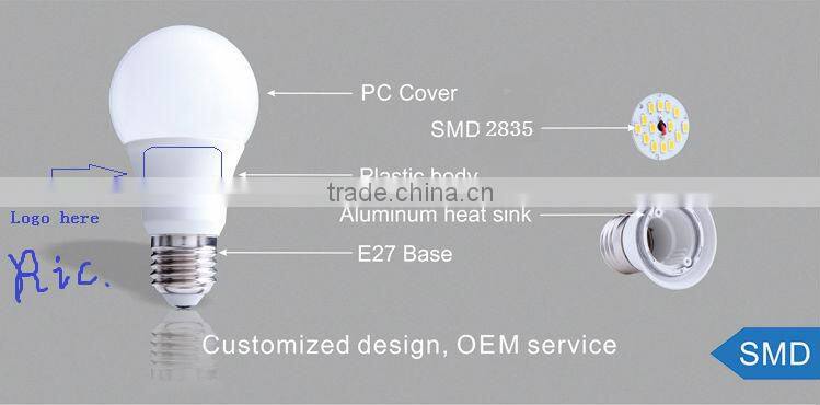 CE, EMC, ERP Proved 5W/7W/9W/11W, USD 1-1.8/Pcs Al. + plastic, A60 E27 Ra80, 810lm led bulbs