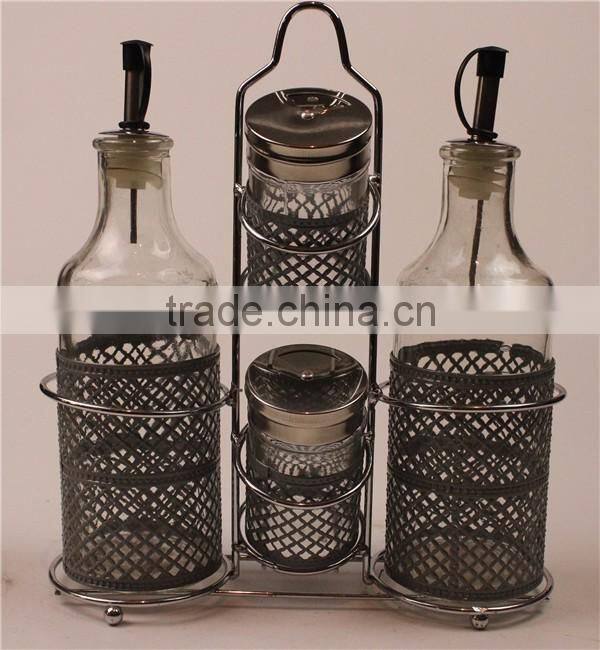 set of glass oil spice jar bottle set with iron holder metal cover