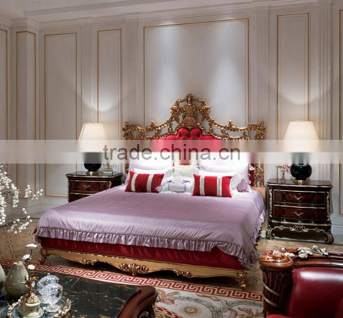 Luxury neoclassical solid wood bedroom furniture double bed with wooden hand carved heardboard