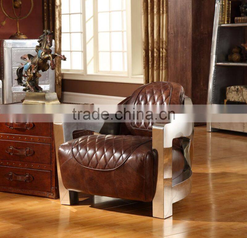 High Quality Classic Genuine Leather Living Room Sofa with Stainless Steel Frame