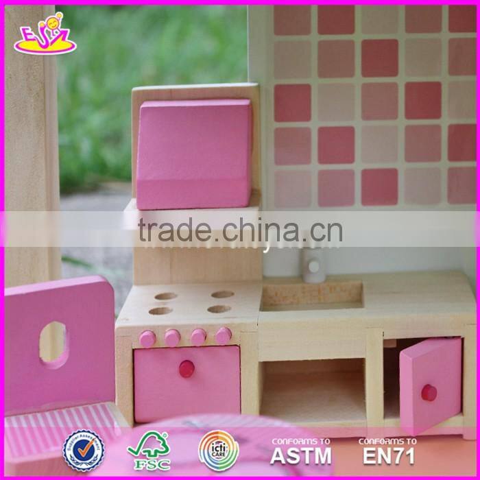 2017 New products lovely girls pink wooden dolls house for sale W06A165