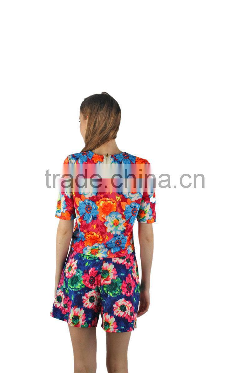 2015 New Fashion Ladies Printed Floral Crop Top Set