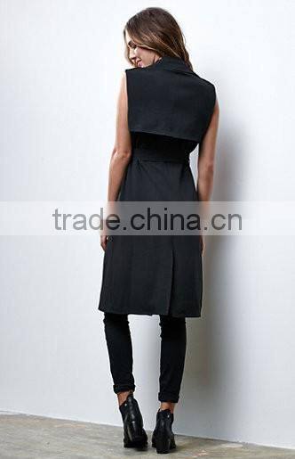 Fashion Black Renamed Sleeveless Trench Wide Lapels Waist Tie Jacket