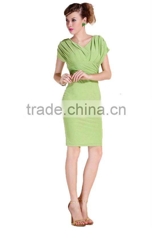 Pleated V neck fashion dress Wholesale bandage business dress