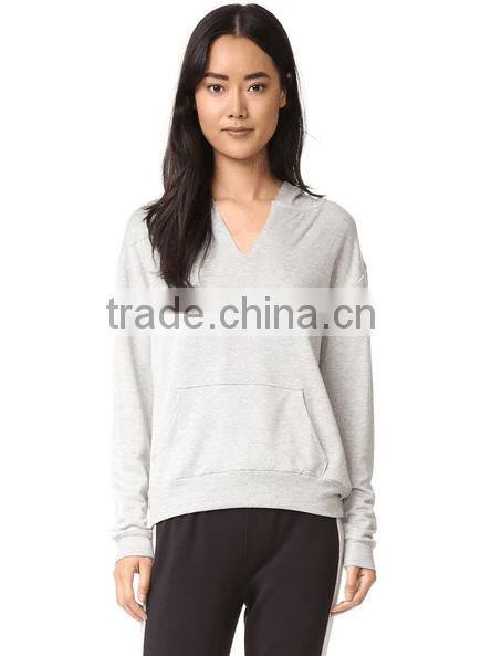 V-neck hooded sweatshirt for woman soft light cotton with front pocket women spring thin fleece