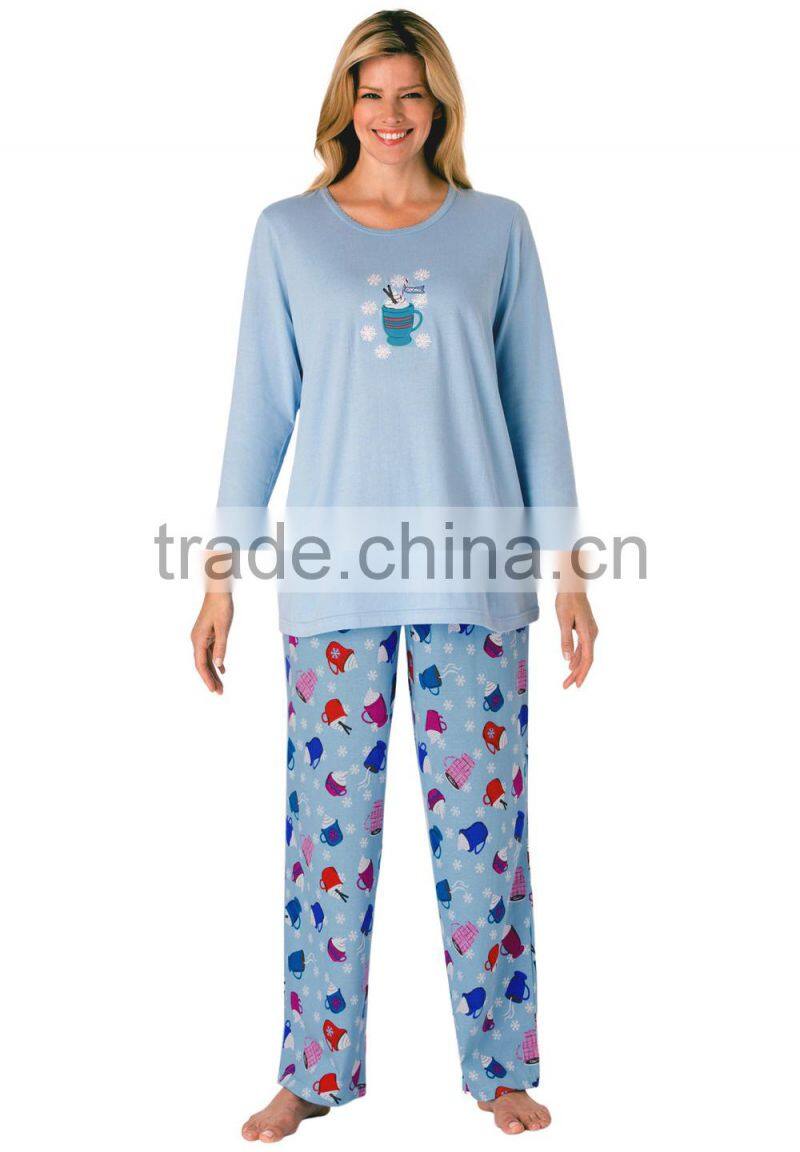 winter print knit adult 100% cotton pajama for ladies