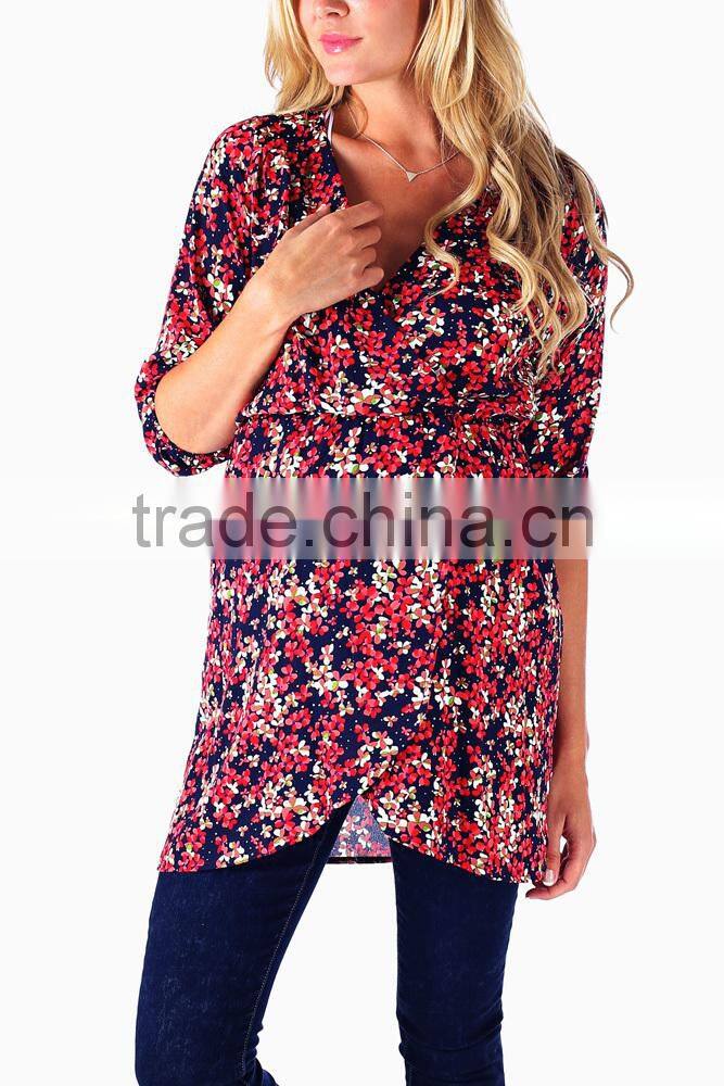 NAVY BLUE RED FLORAL PRINTED CHIFFON MATERNITY/NURSING TUNIC