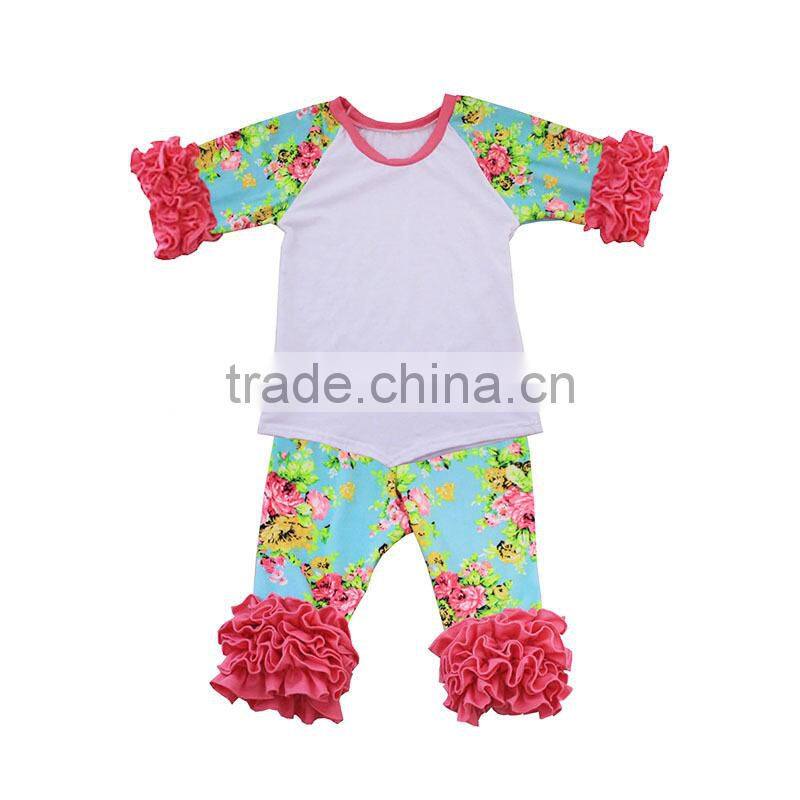 Summer baby girls fashion design beautiful patterns raglans ruffle shirt children pants clothing sets wholesale kids 2 pcs set