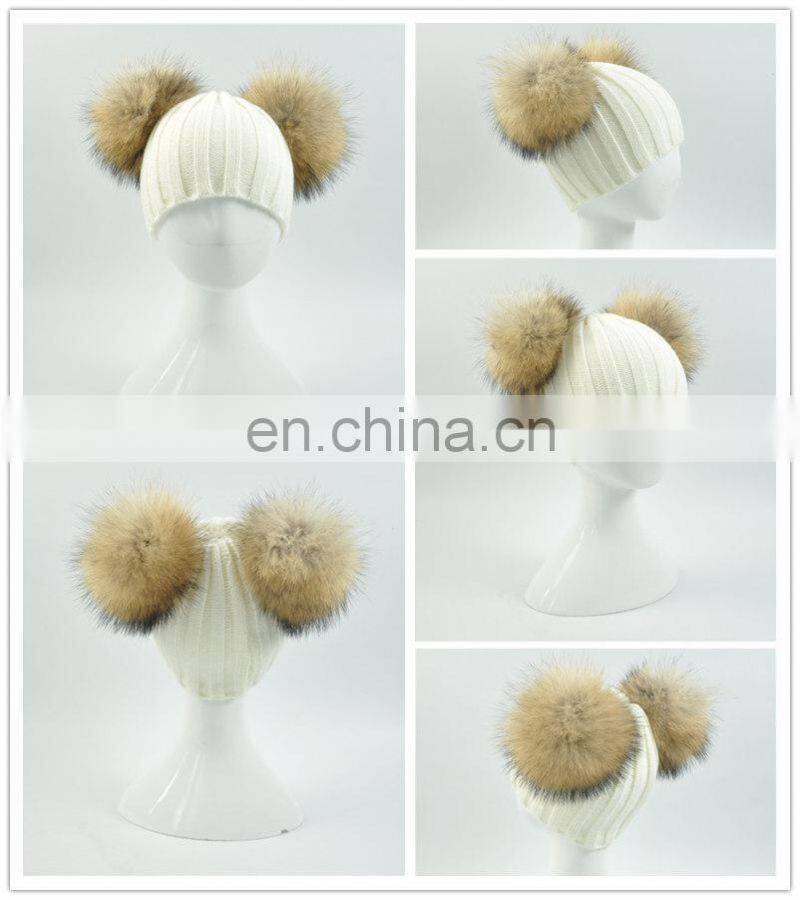 High Quality Kids Knitted Beanies Hat Double Big Raccoon Fur Pom Pom Hat Baby