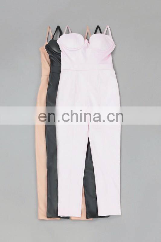 Amigo 2017 new design sexy women party wear black strape backless long bodycon leather evening jumpsuit for girls