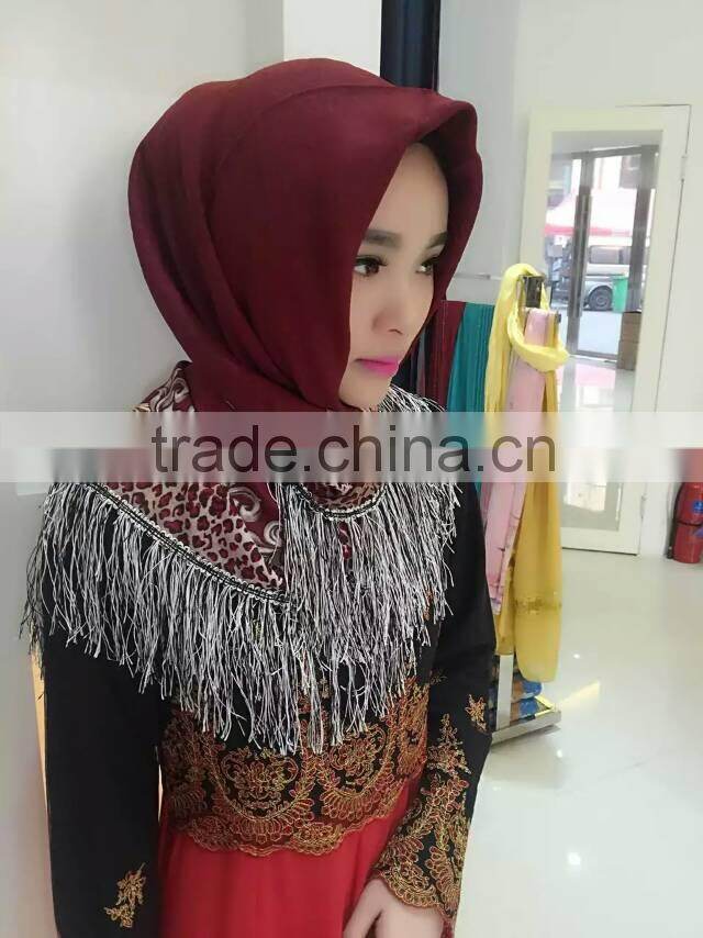 fashion islamic headscarf fringer print flower french cotton muslim square scarf for women