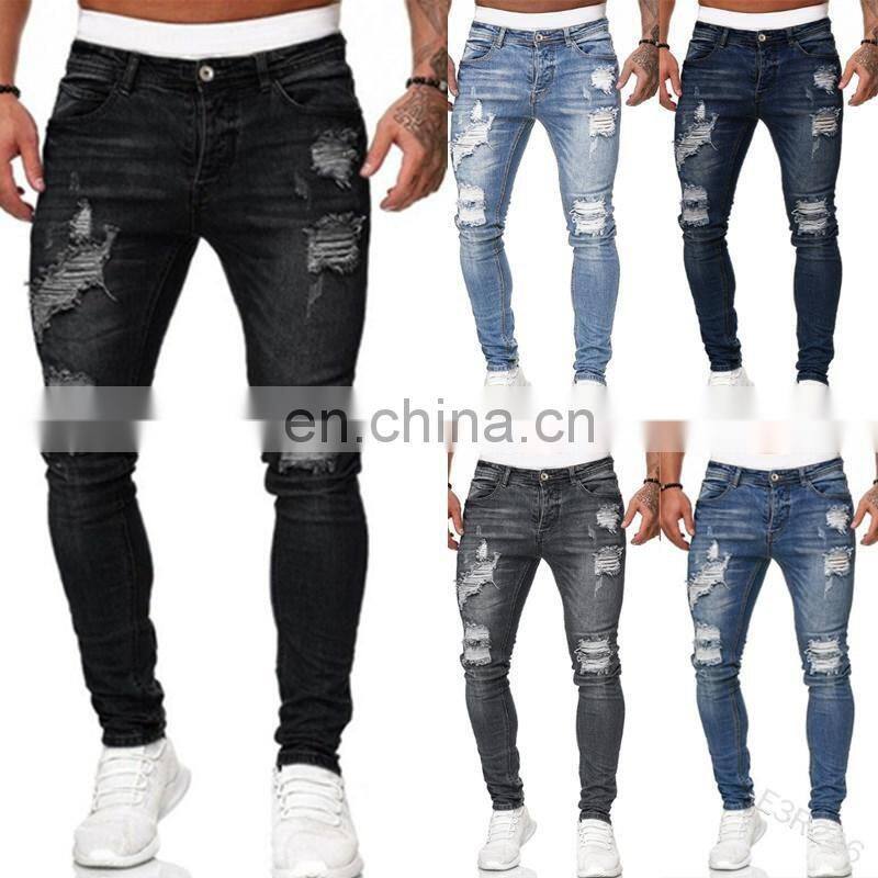 Manufacturers wholesale custom-made holes grind white slim-fit denim trousers fashion slim-fit plus size men's trousers