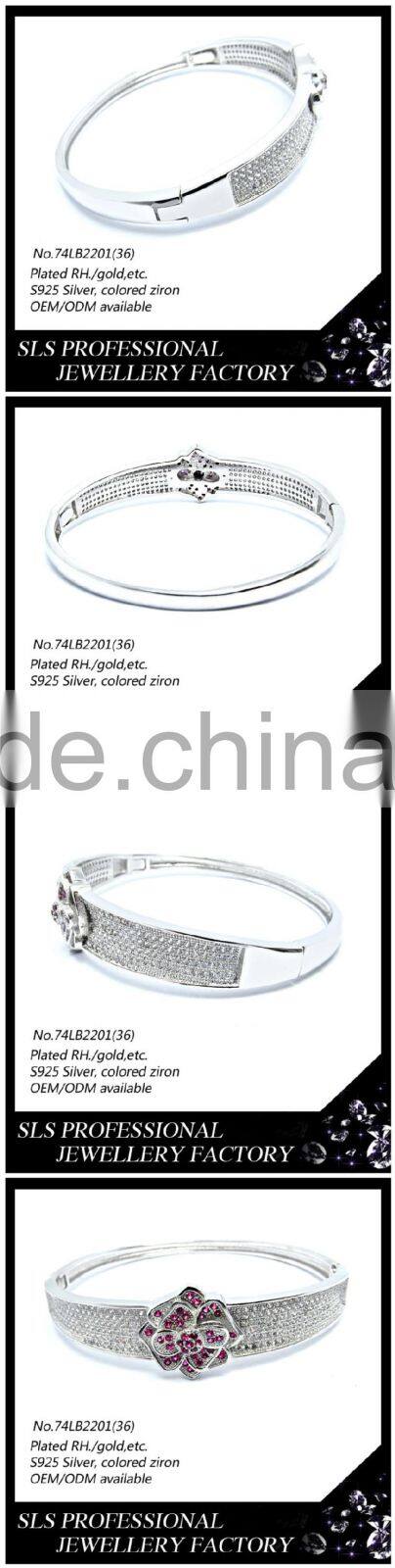 2015 May latest flower style wholesalers jewelry 925 sterling silver white gold plating bracelet connected ring -SLS