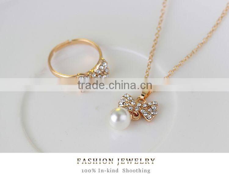 Fashion Popular Pearl Full Rhinestone Bowknot Crystal Earrings Necklace Bangle Ring Jewelry Sets Wholesale