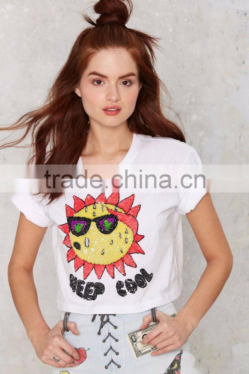 White Color Cool Cropped Sequin Tee Short Sleeve Custom Crop Top Women