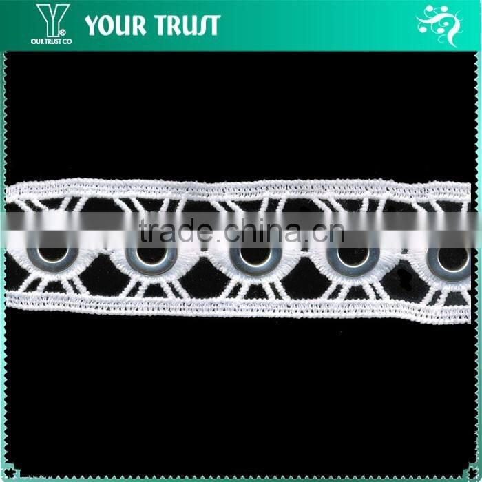 Two Row White Polyester Lace Rhodium Flat 10MM Metal Grommet Eyelet Trimming