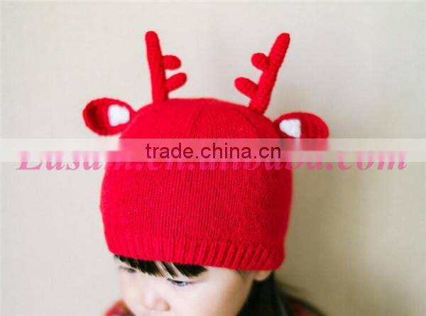 Top quality children antler fabric knitting cony rabbit hair christmas hat for baby